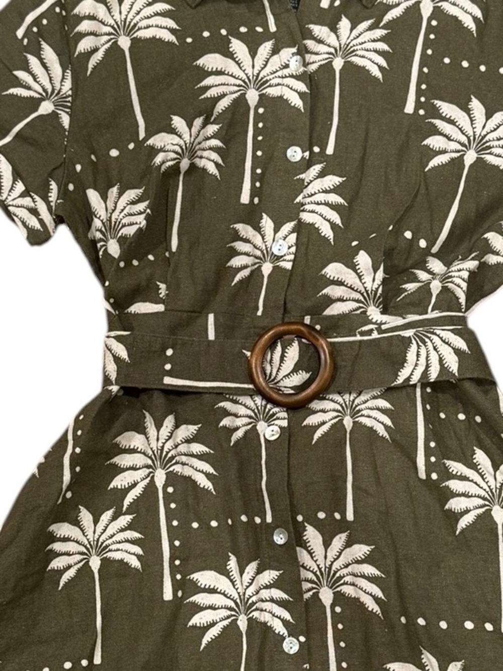 NWT Tahari Linen Olive Green Palm-Print Shirt Dress with Belt and Wooden Buckle - Picture 5 of 5